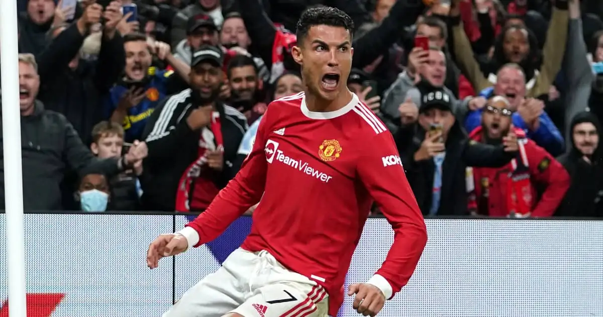 Man Utd striker Cristiano Ronaldo celebrating after scoring versus Atalanta 2021