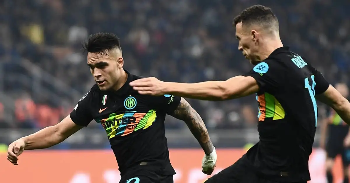Inter Milan forwards Lautaro Martinez and Ivan Perisic in Serie A action 2021
