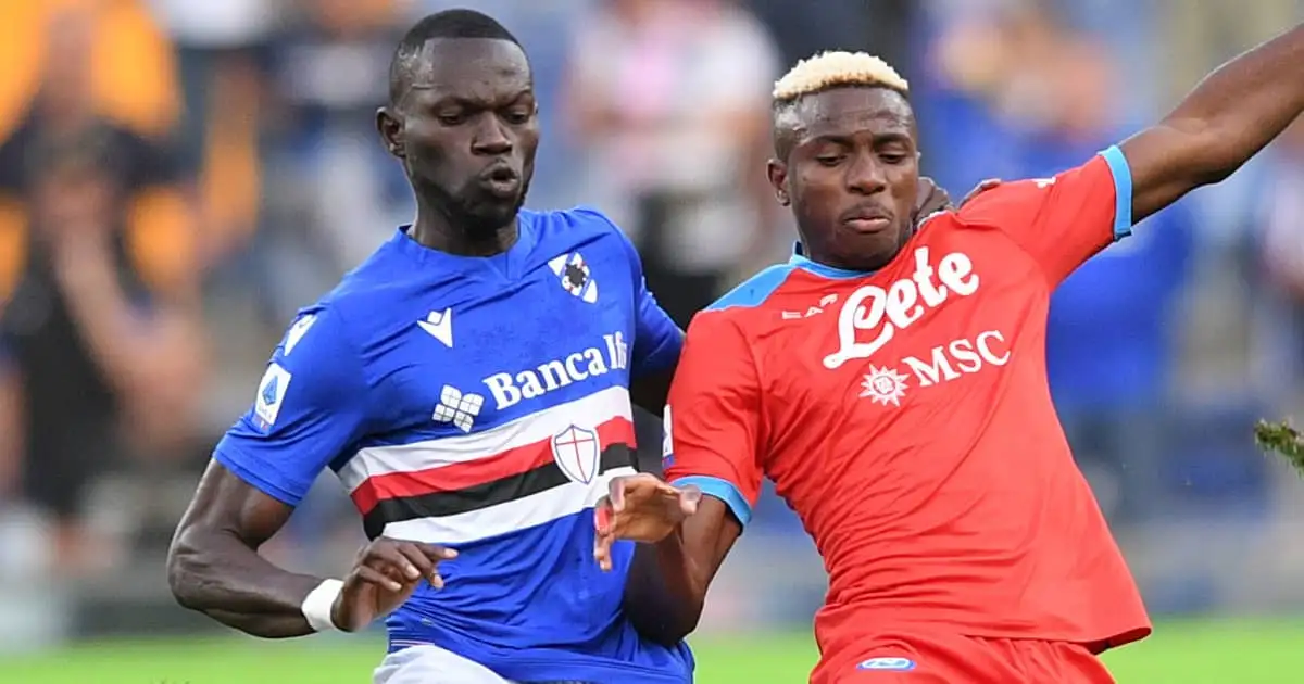 Sampdoria defender Omar Colley battling for possession with Napoli striker Victor Osimhen 2021