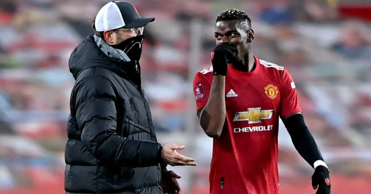 Jurgen Klopp chats with Paul Pogba after Manchester United beat Liverpool in the FA Cup, January 2021
