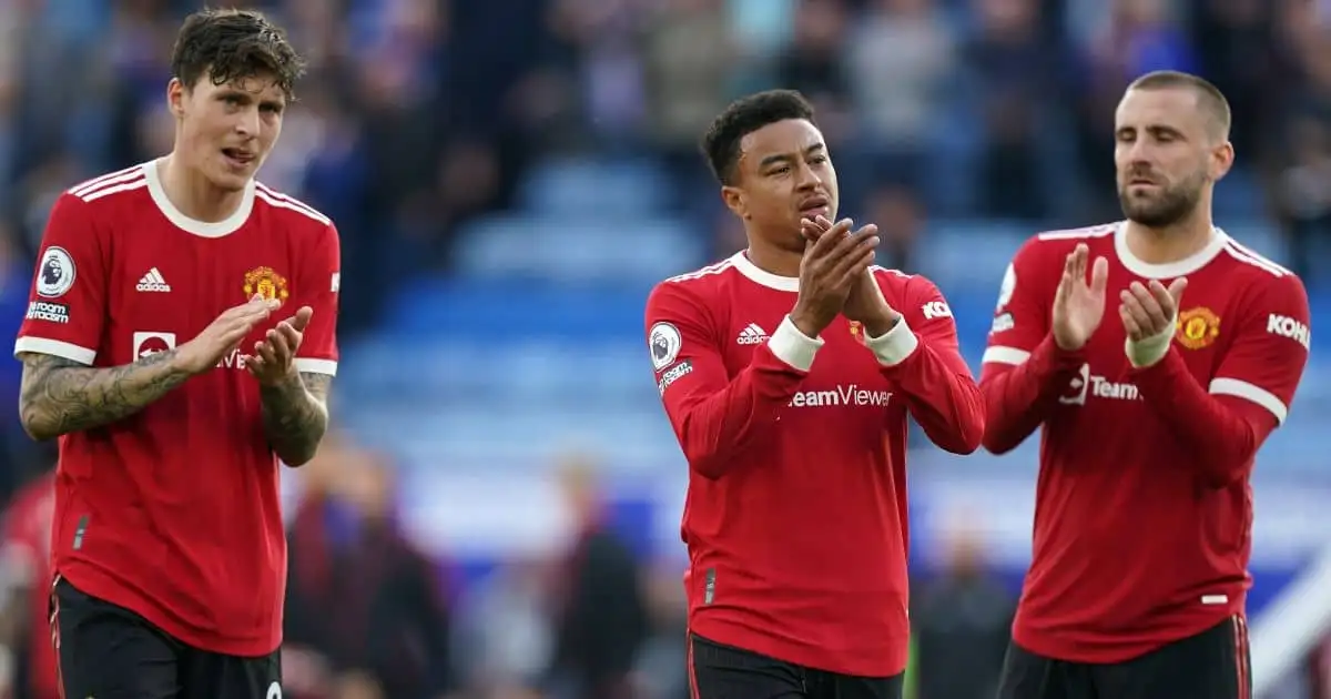 Manchester United's Victor Lindelof, Jesse Lingard and Luke Shaw applaud the fans following the Premier League match at the King Power Stadium, Leicester