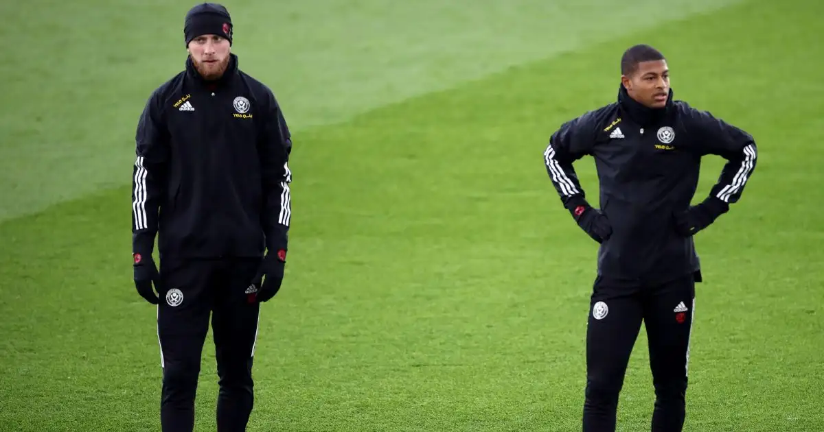 Sheffield United's Oli McBurnie and Rhian Brewster warming up before the Premier League match at King Power Stadium