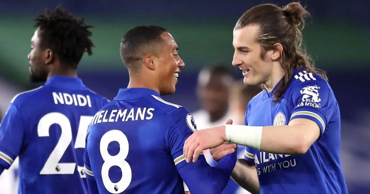 Youri Tielemans and Caglar Soyuncu celebrate for Leicester with Wilfred Ndidi in background