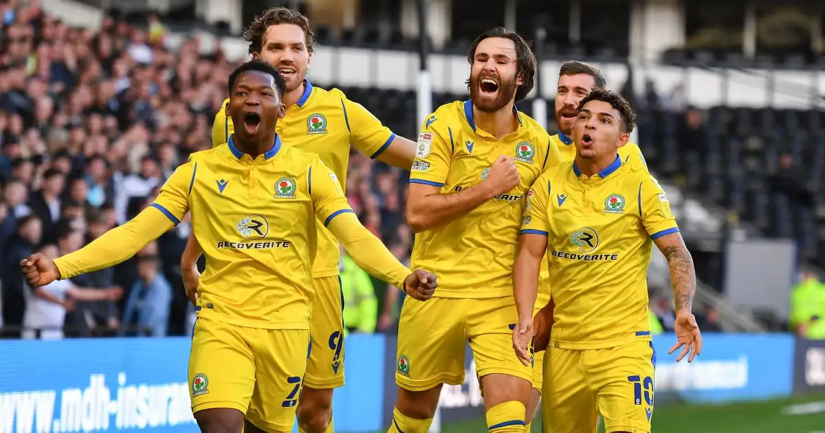 Ben Brereton Diaz of Blackburn Rovers celebrates with Tayo Edun, Sam Gallagher and Tyrhys Dolan, after scoring a goal to make it 0-1