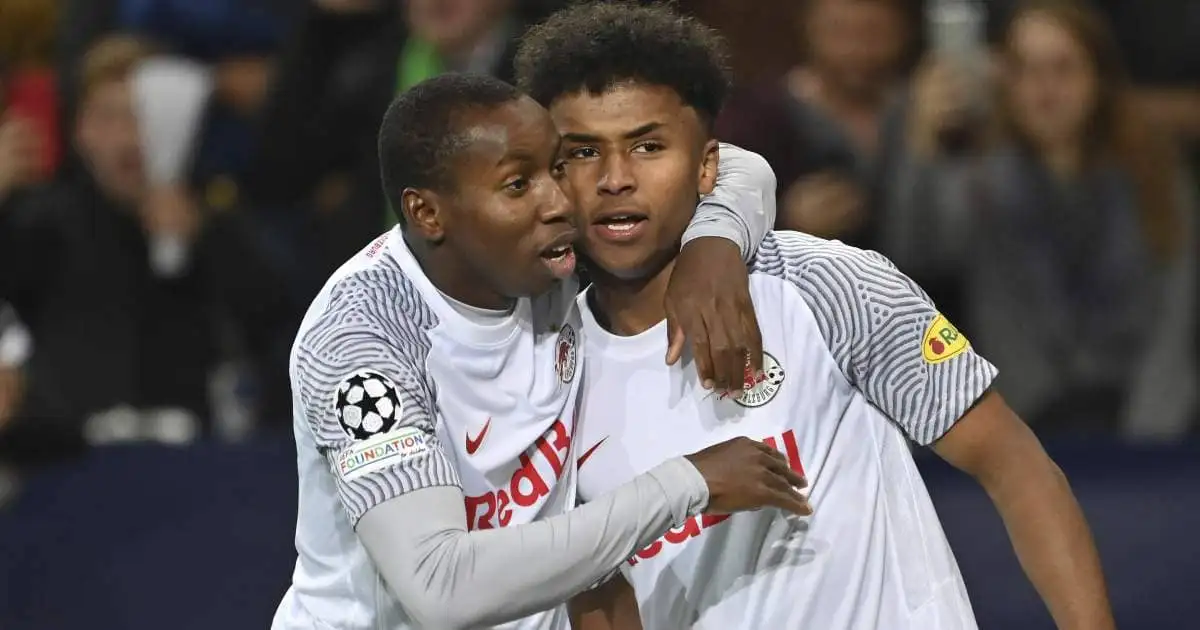 Mohamed Camara and Karim Adeyemi celebrate for RB Salzburg