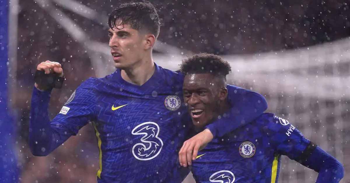 Kai Havertz celebrates with Callum Hudson-Odoi during Chelsea vs Malmo, October 2021