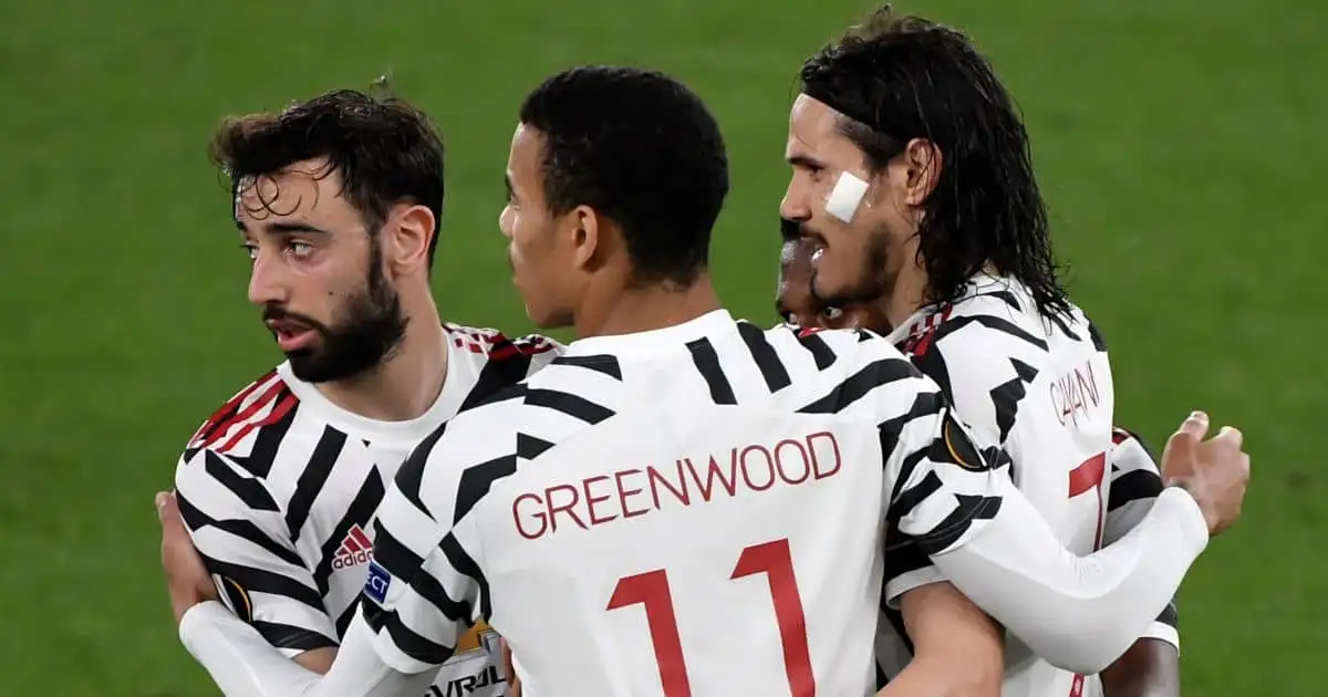 Bruno Fernandes, Mason Greenwood, Edinson Cavani Manchester United celeb after Europa League goal v Roma