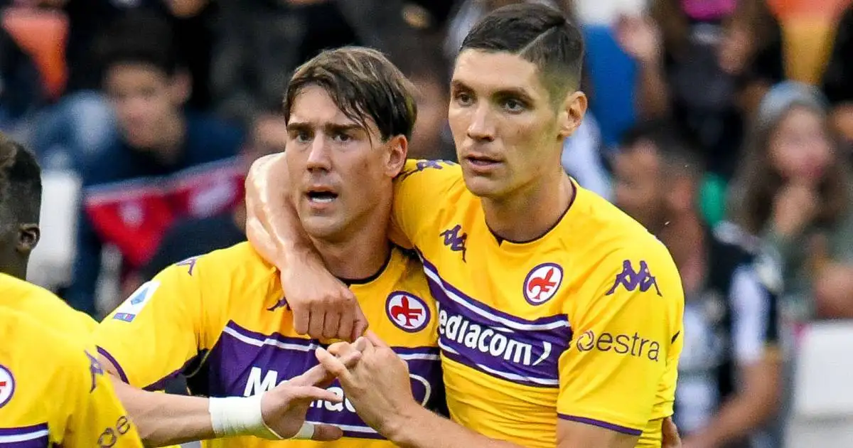 Dusan Vlahovic and Nikola Milenkovic celebrate for Fiorentina, September 2021