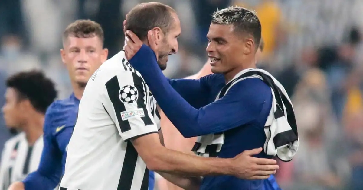 Chelsea defender Thiago Silva embracing Juventus centre-back Giorgio Chiellini after a Champions League tie 2021
