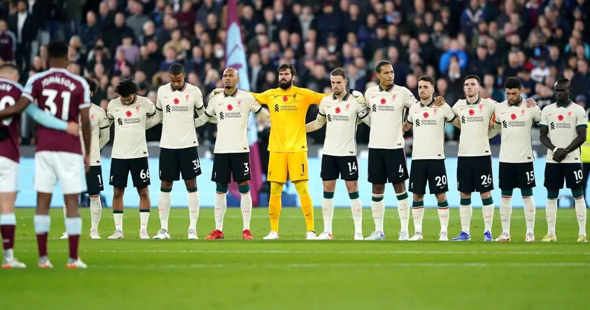 Liverpool line-up at West Ham before kick-off Rememberance Day