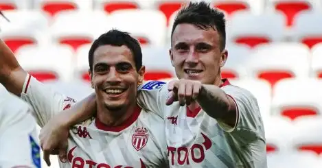 Monaco striker Wissam Ben-Yedder celebrating with Aleksandr Golovin 2021