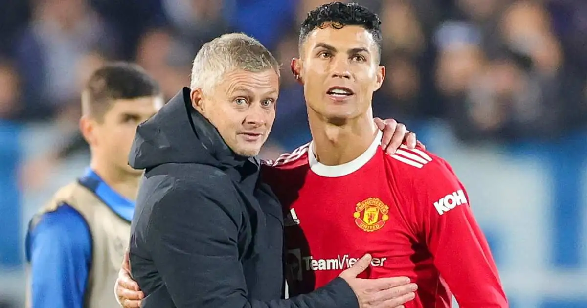 Ole Gunnar Solskjaer hugs Cristiano Ronaldo after Atalanta draw with Manchester United, November 2021