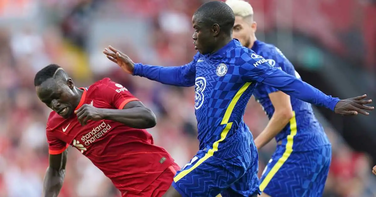 Sadio Mane is tackled by N'Golo Kante during Liverpool vs Chelsea, August 2021