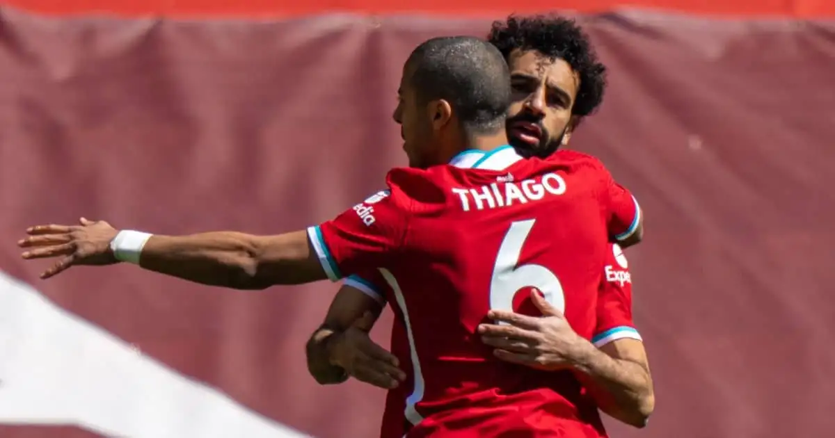 Thiago Alcantara and Mohamed Salah celebrate