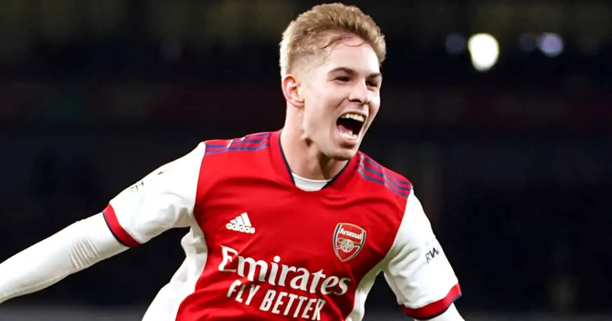 Arsenal playmaker Emile Smith Rowe celebrating in 2021