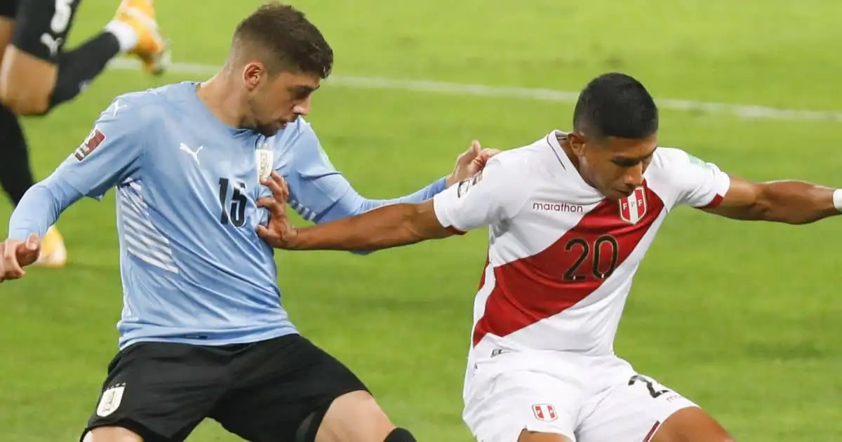 Federico Valverde and Edison Flores, Uruguay v Peru in a World Cup qualifier