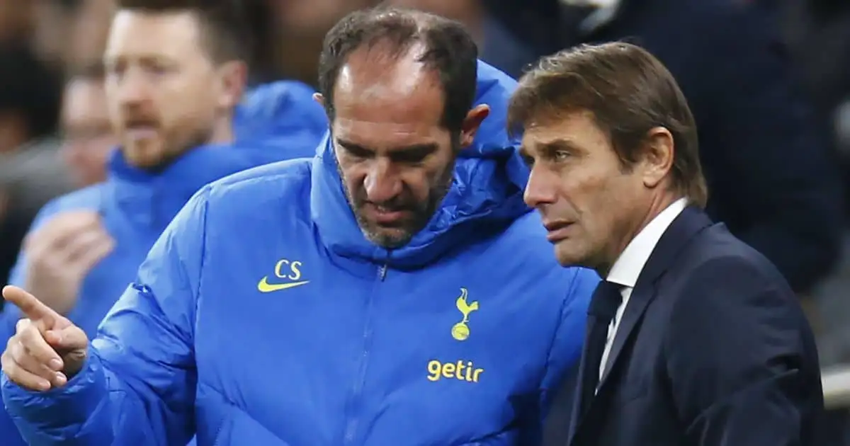 Assistant head coach Cristian Stellini and Tottenham Hotspur manager Antonio Conte during Europa League clash at Tottenham Hotspur Stadium