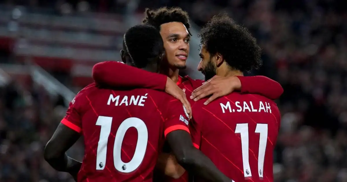 Trent Alexander-Arnold celebrating with Sadio Mane and Mohamed Salah