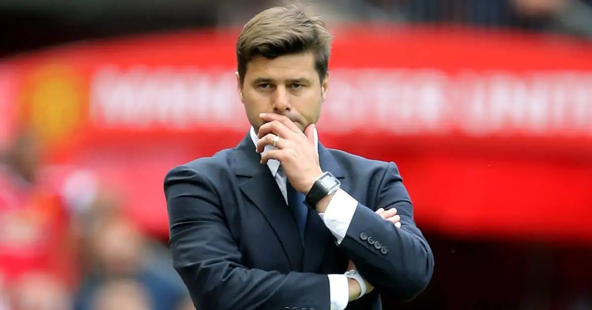 Mauricio Pochettino, former Tottenham manager, during a Premier League game at Old Trafford