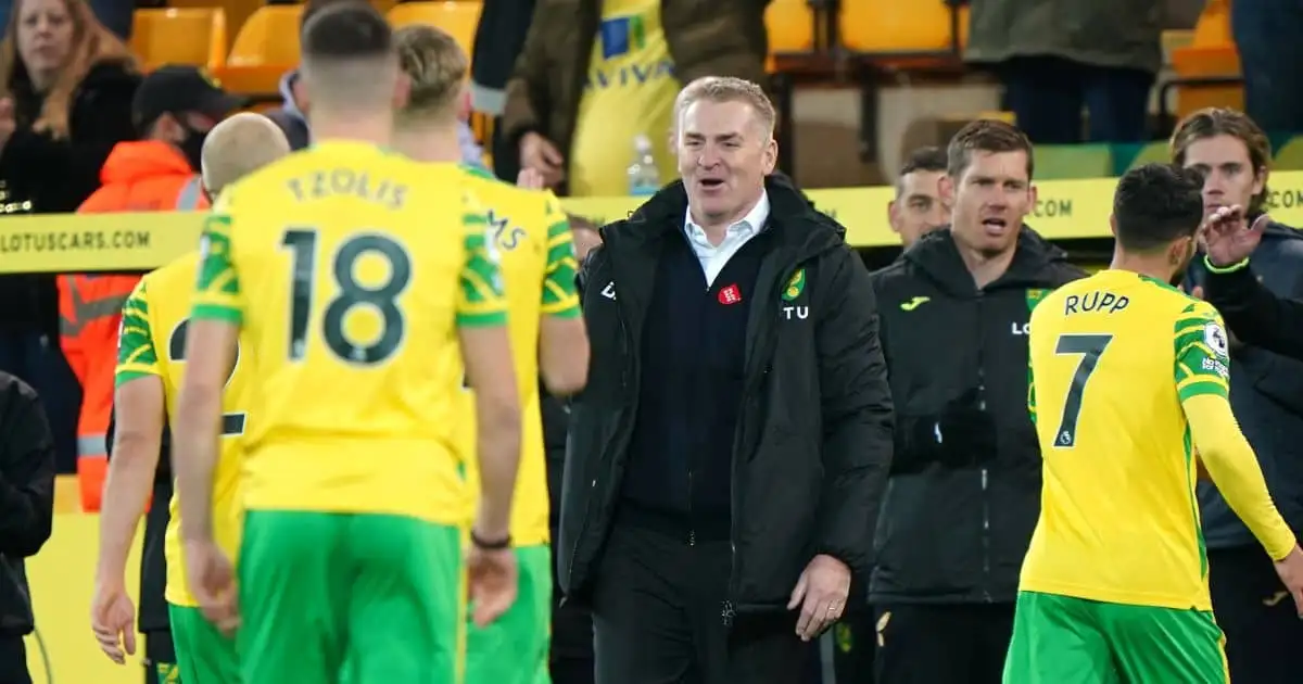 Norwich City manager Dean Smith smiles and celebrates with the players after the Premier League win over Southampton at Carrow Road