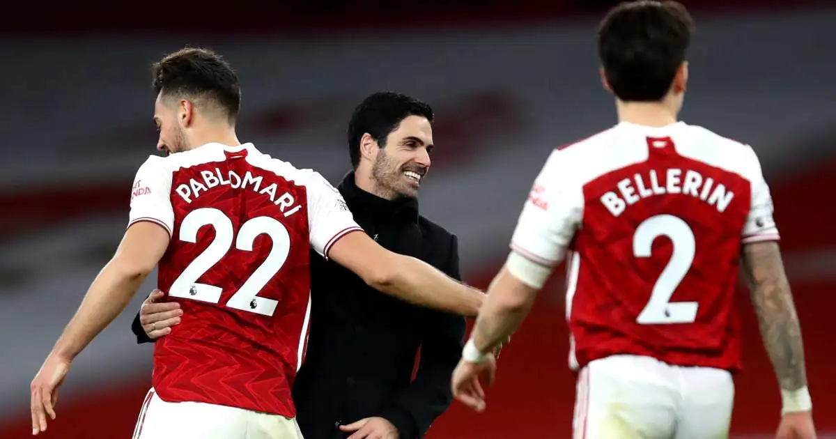 Pablo Mari hugs Mikel Arteta after an Arsenal win, 2020