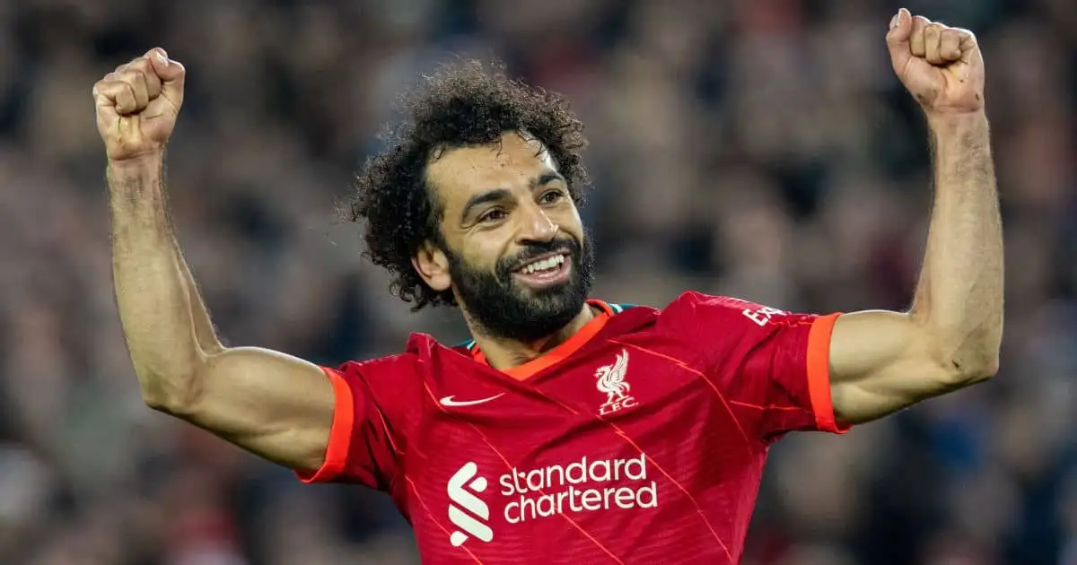 Liverpool's Mohamed Salah celebrates after scoring the third goal during the English Premier League match between Liverpool and Arsenal