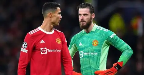 Man Utd pair Cristiano Ronaldo (left) and goalkeeper David de Gea react in the Champions League game with Atalanta