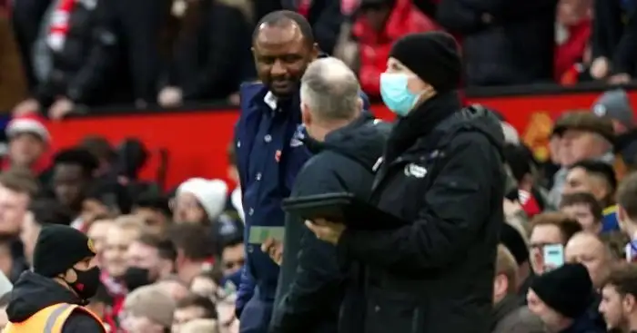 Patrick Vieira in discussion on the touchline before Crystal Palace game