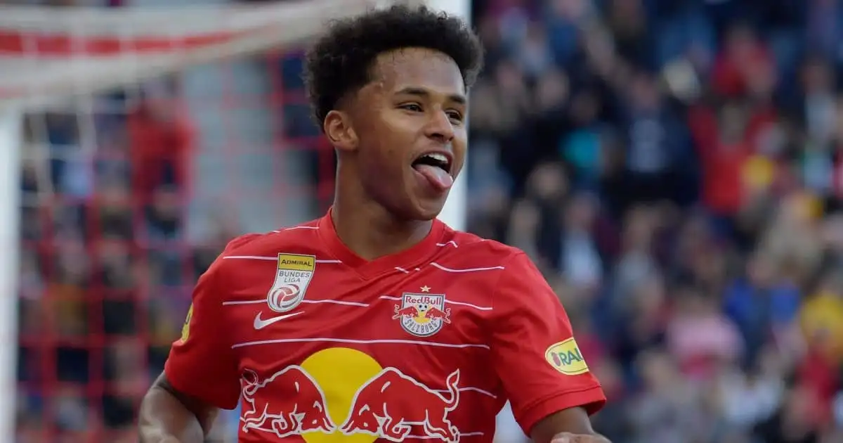 Karim Adeyemi, RB Salzburg celebrates a goal in Austrian Bundesliga v Sturm Graz