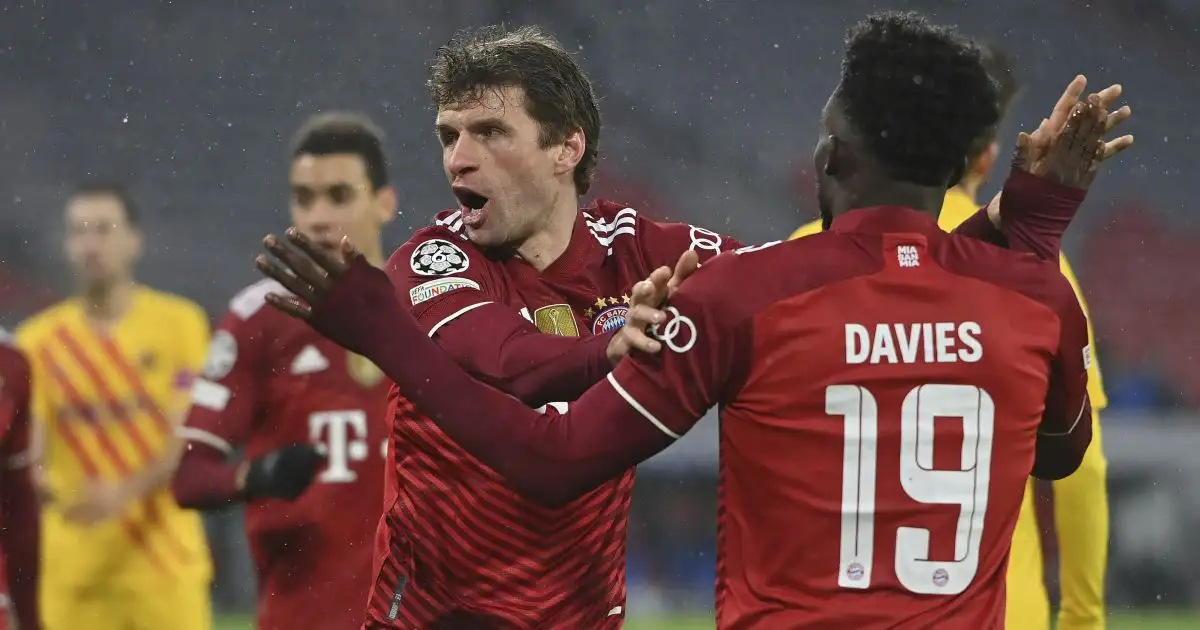 Thomas Muller celebrating with Alphonso Davies in Bayern Munich's 3-0 win against Barcelona.