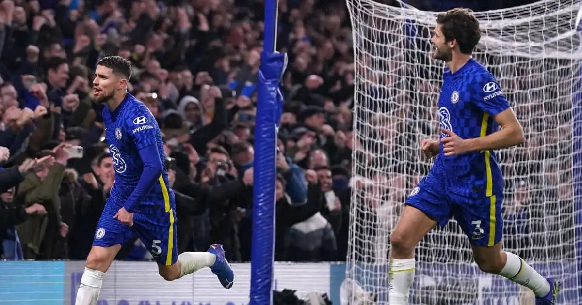 Jorginho celebrates with Chelsea team-mate Marcos Alonso, December 2021