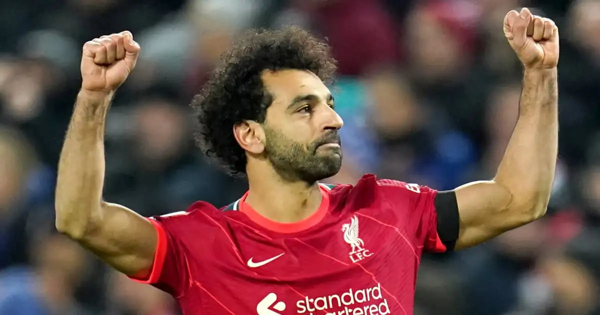 Liverpool forward Mohamed Salah celebrating after scoring v Aston Villa