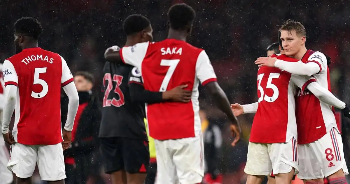 Thomas Partey, Bukayo Saka, Gabriel Martinelli, Martin Odegaard, Arsenal celebrate after Premier League win over West Ham at Emirates Stadium