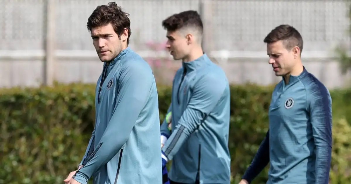 Marcos Alonso, Kepa Arrizabalaga and Cesar Azpilicueta at Chelsea training