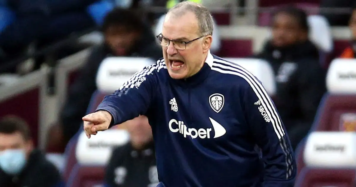 Marcelo Bielsa barks orders at his Leeds players during their FA Cup match against West Ham, January 2022