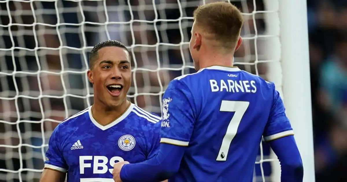 Youri Tielemans, Ashley Barnes Leicester celebrate a goal in the Premier League at the King Power Stadium