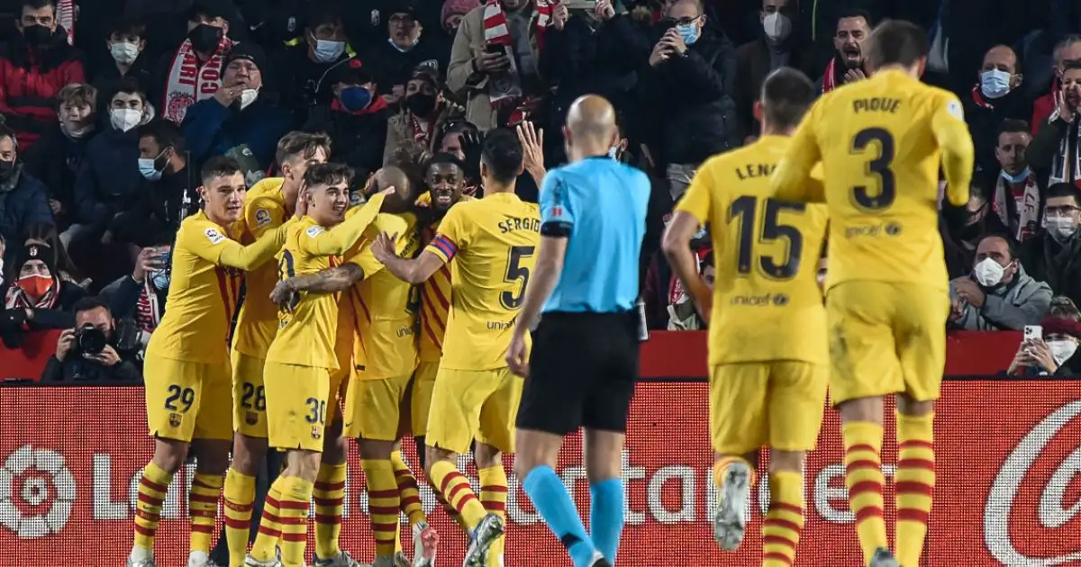 Barcelona celebrates the goal during the Liga match against Granada.