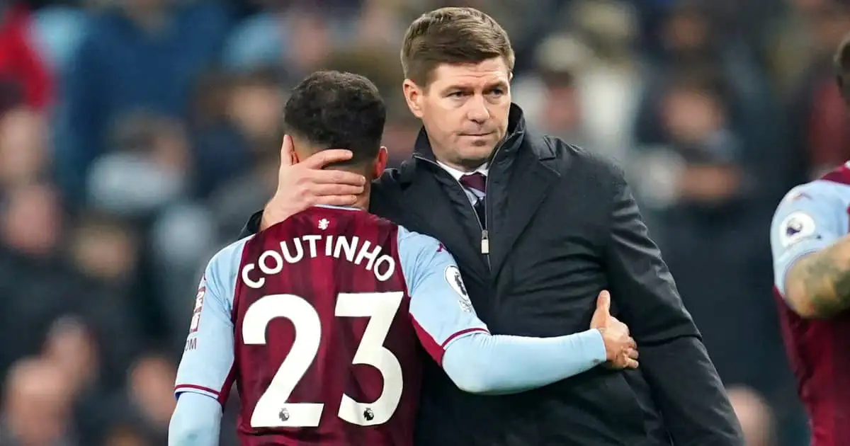 Aston Villa manager Steven Gerrard greeting Philippe Coutinho