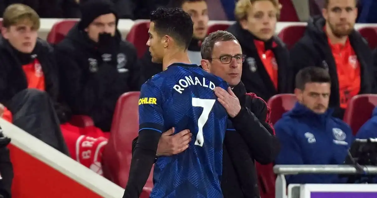 Man Utd manager Ralf Rangnick embracing Cristiano Ronaldo