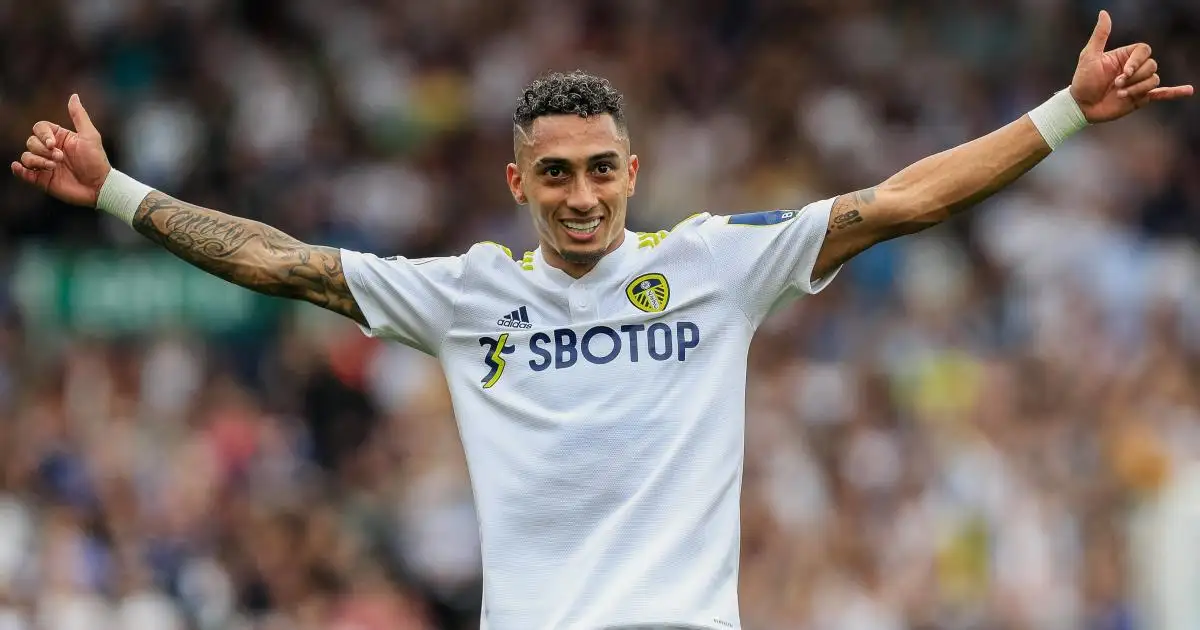 Raphinha celebrates his goal for Leeds against West Ham, September 2021