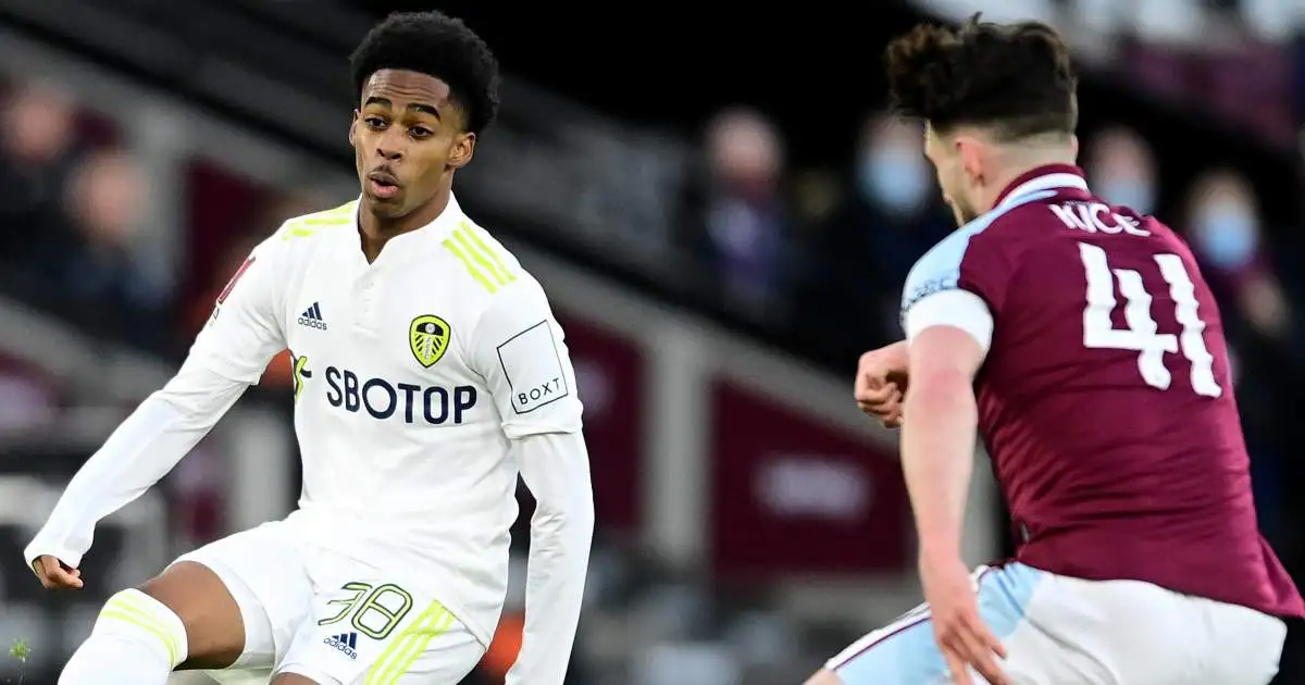 Declan Rice attempts to block Crysencio Summerville's cross during West Ham versus Leeds in the FA Cup