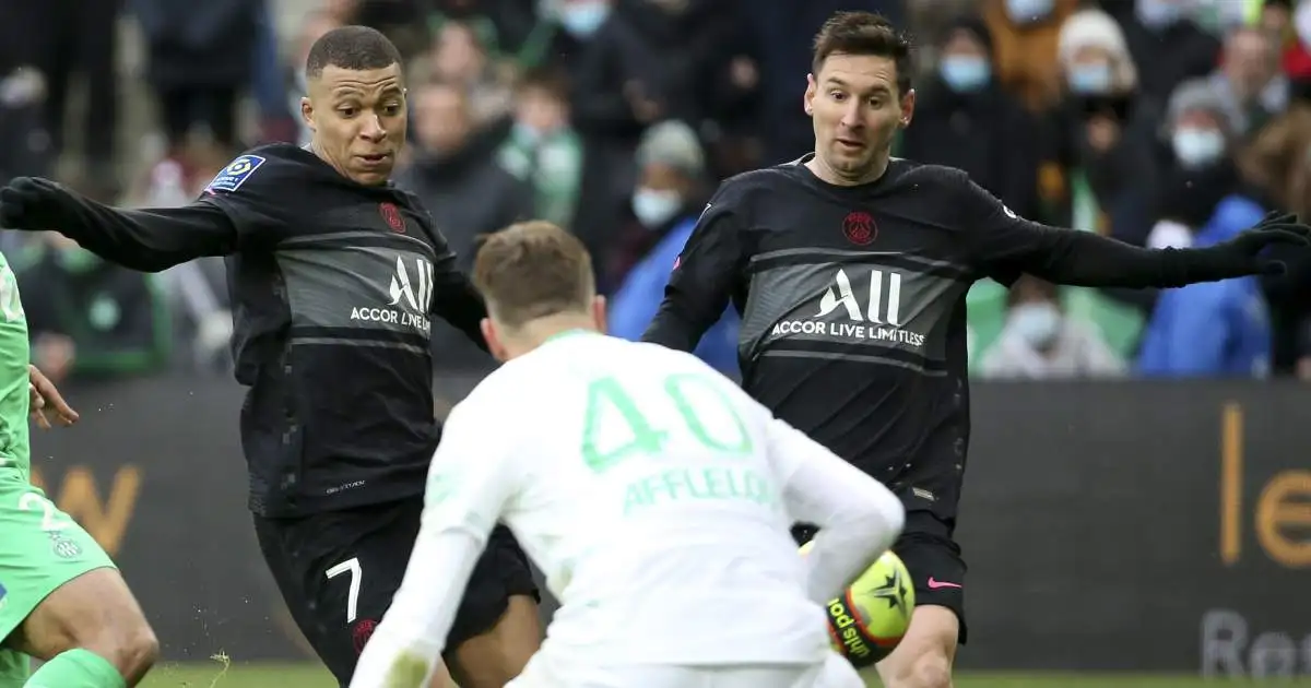 Kylian Mbappe and Lionel Messi bare down on Etienne Green's goal during Saint Etienne vs PSG, December 2021