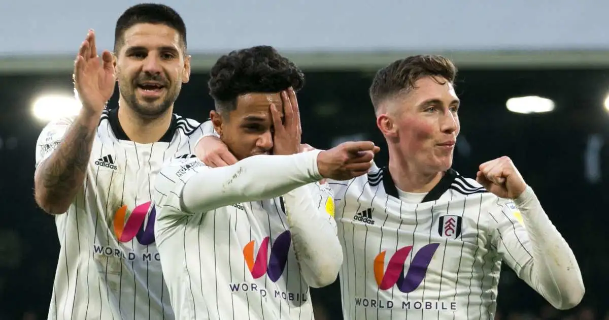 Aleksandar Mitrovic and Harry Wilson celebrate with Fulham goalscorer Fabio Carvalho