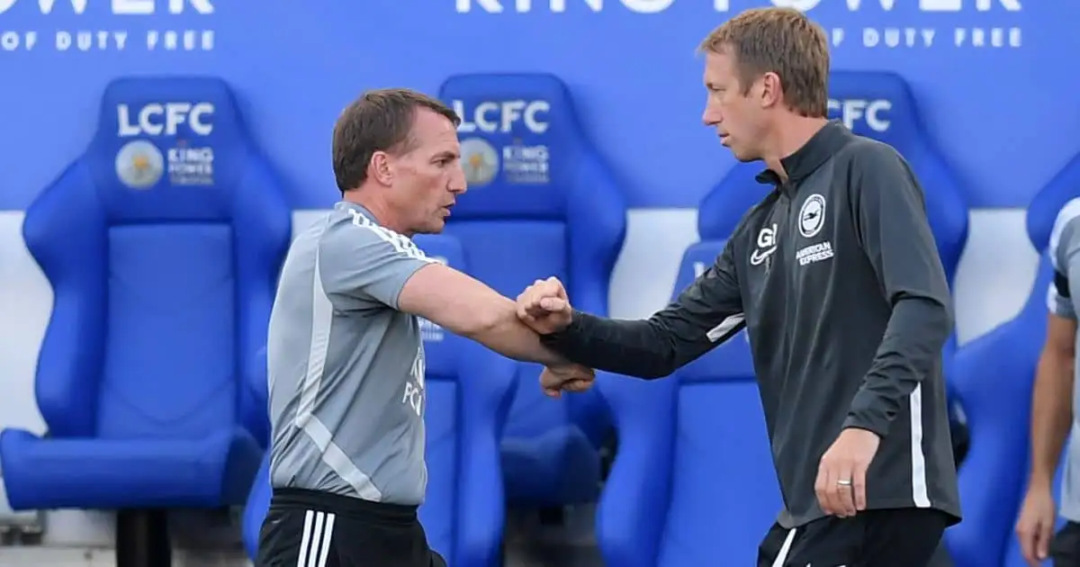 Brendan Rodgers greets Graham Potter following Premier League clash at King Power Stadium between Leicester and Brighton