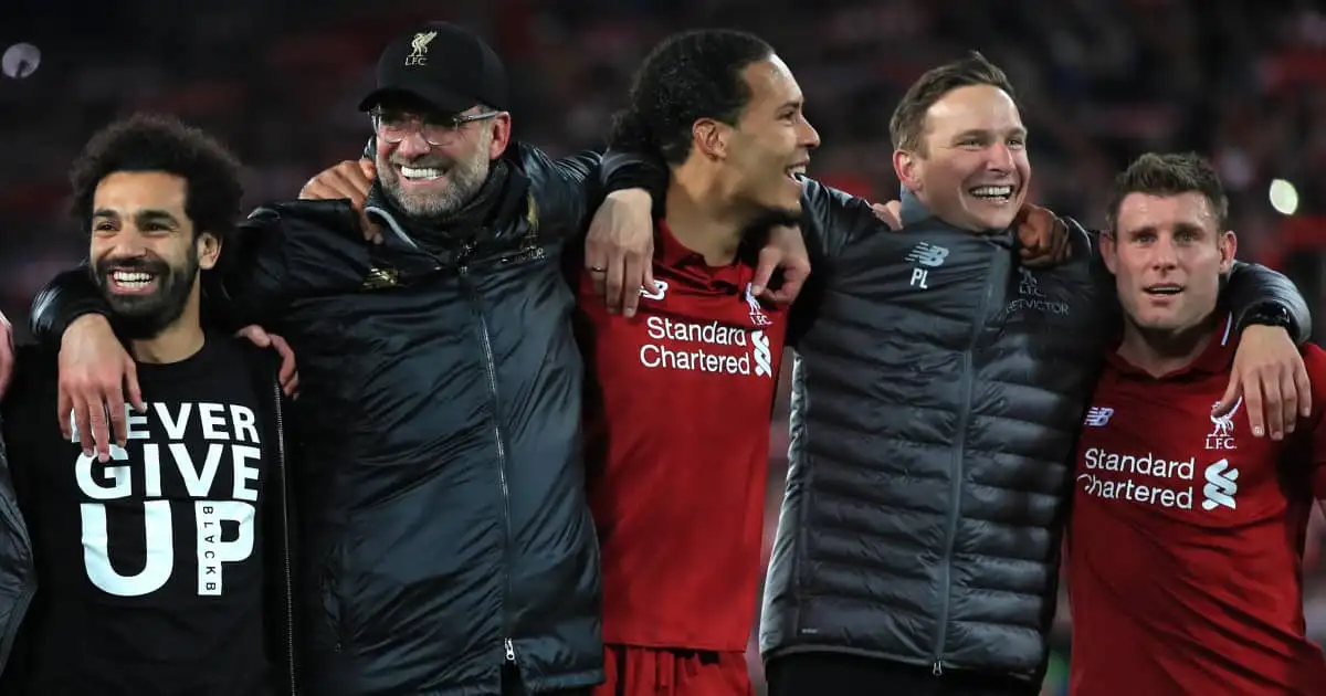 Liverpool players Mo Salah, Virgil van Dijk and James Milner with manager Jurgen Klopp