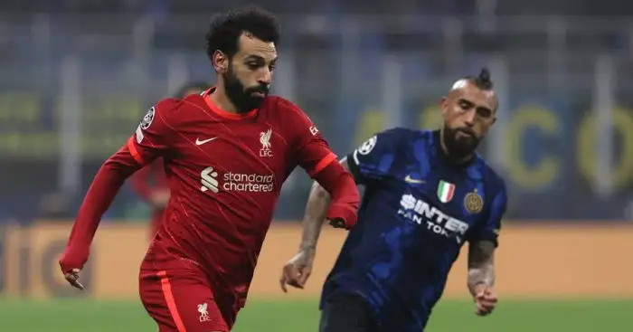 Liverpool forward Mohamed Salah battling Inter Milan midfielder Arturo Vidal
