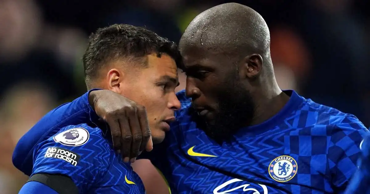 Thiago Silva celebrating with Romelu Lukaku for Chelsea