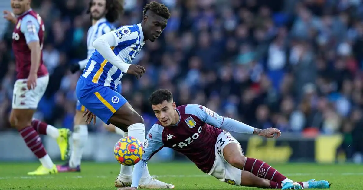 Yves Bissouma battles with Philippe Coutinho during Brighton vs Aston Villa