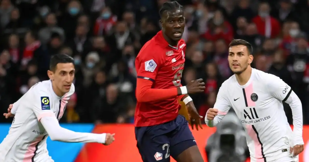 Angel Di Maria, Amadou Onana and Leandro Paredes during Lille vs PSG