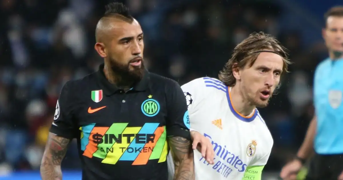 Arturo Vidal and Luka Modric watch on during Real Madrid vs Inter Milan